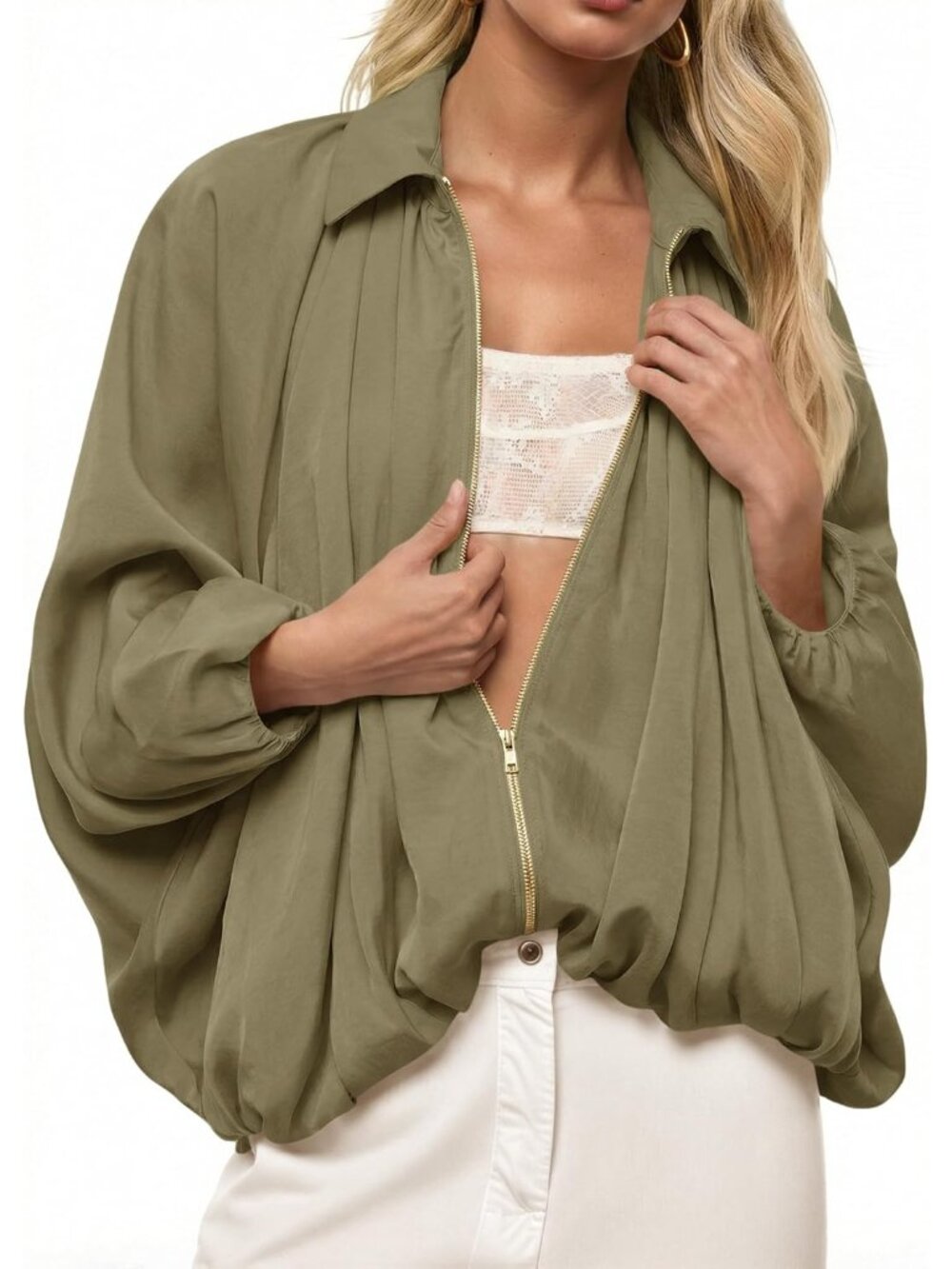 Womens Army Green Loose Oversized Lapel Collar Long Sleeve Zip Up Bomber Jacket